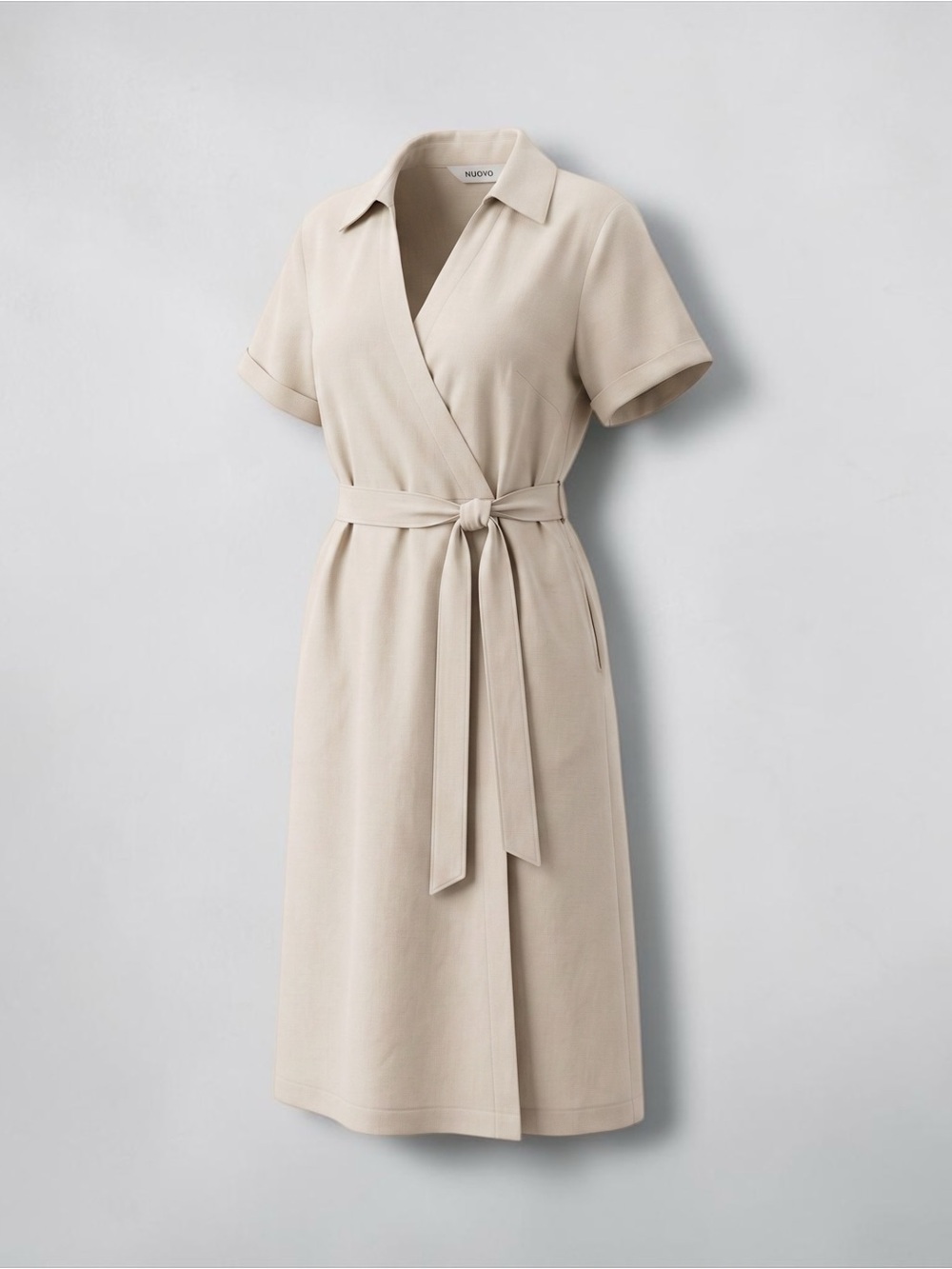 Mauve Neutral Beige Wrap Midi Dress with Tie Waist